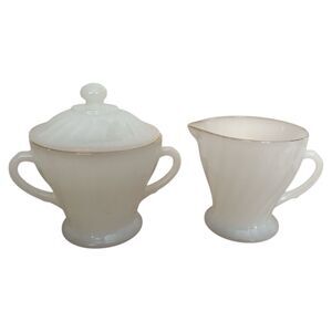 Anchor Hocking Fire King Swirl Milk Glass Gold Rim Creamer  Lidded  Sugar Bowl